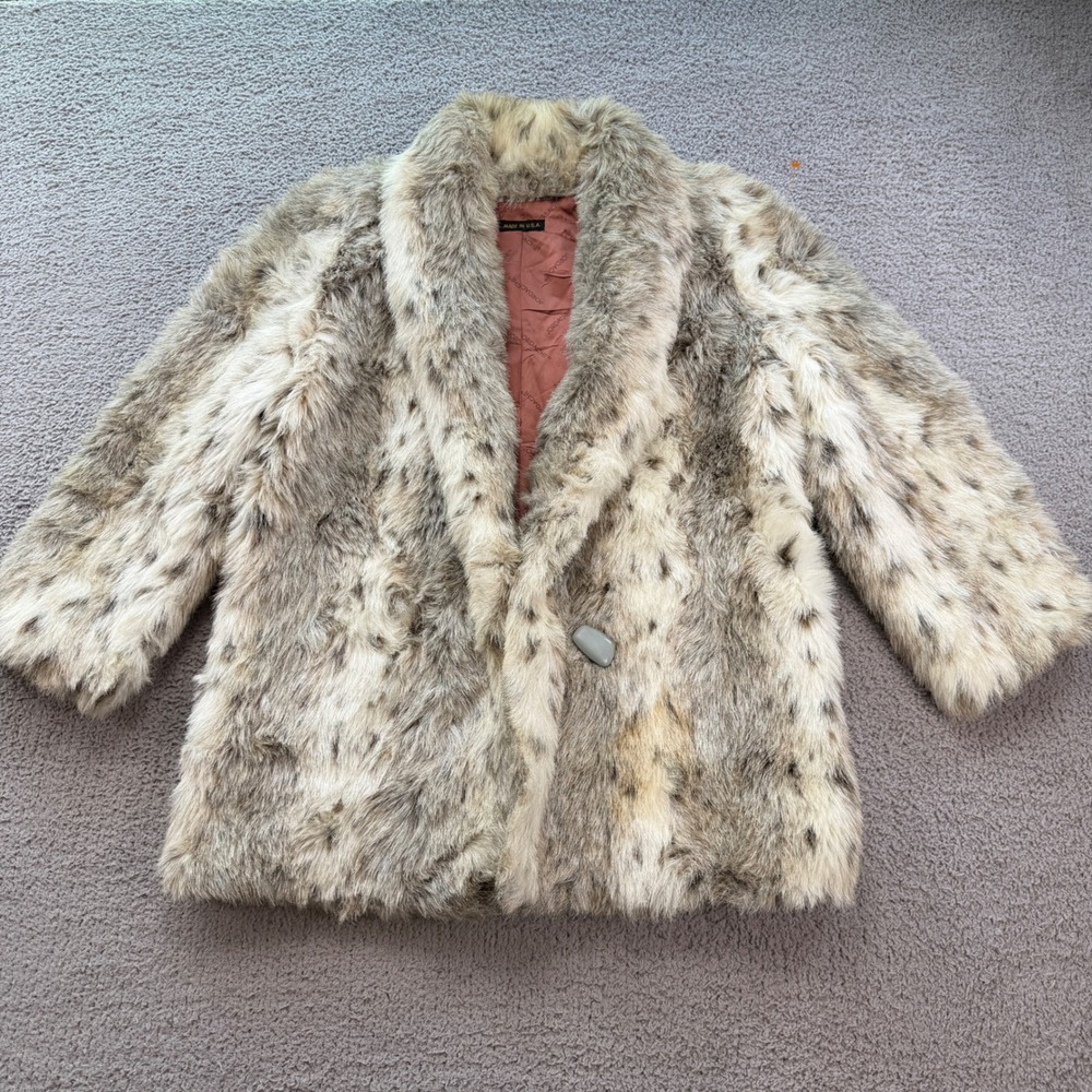 Vintage Jordache Faux Fur Coat 80s Animal Print Spotted Shawl Collar Made in USA